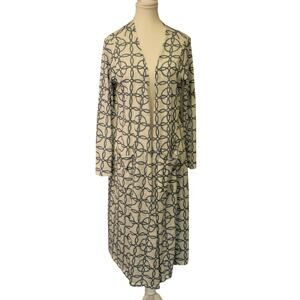 LuLaRoe White Duster Cardigan Sweater Blue Geometric Open Front SZ Med Pockets